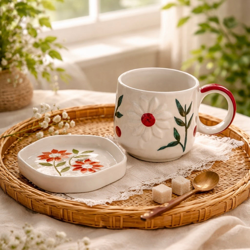 Large Ceramic Coffee Cup Saucer Set, Winter Flower, 400ml