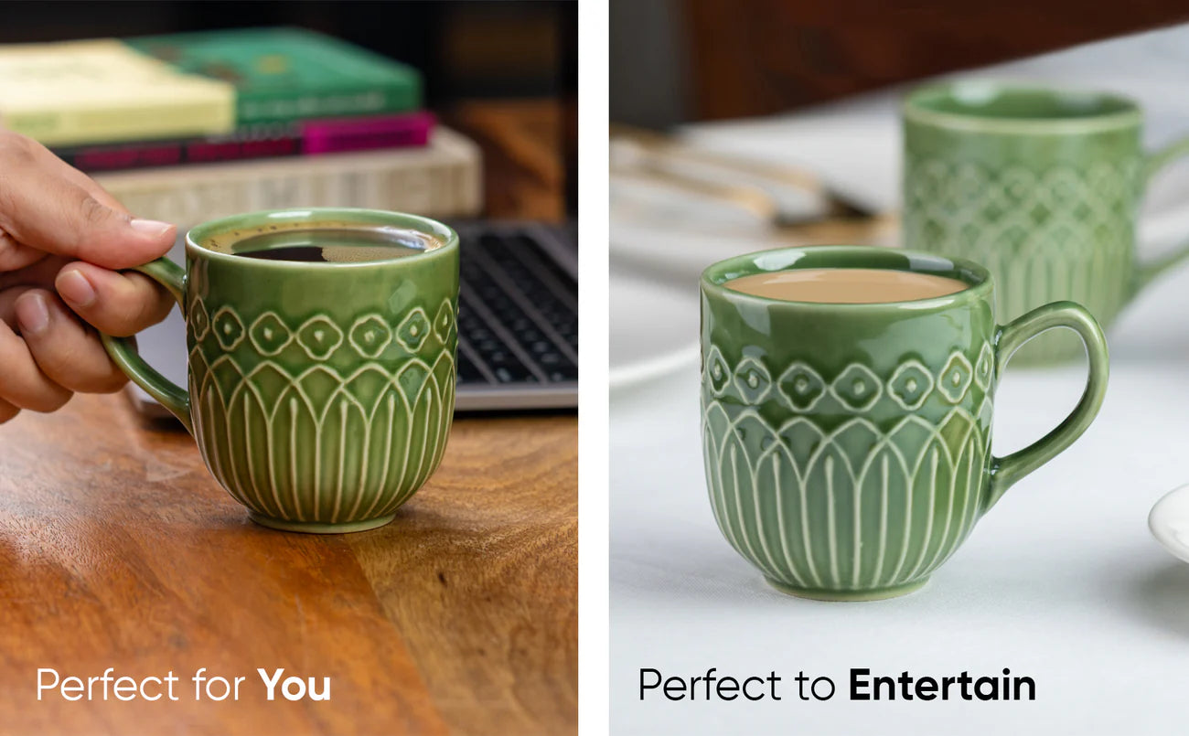 Ceramic Coffee Mug Set – Set of 2 | 330ml | Jade |Green Carving