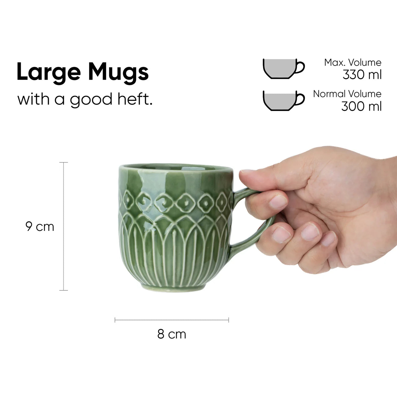 Ceramic Coffee Mug Set – Set of 2 | 330ml | Jade |Green Carving