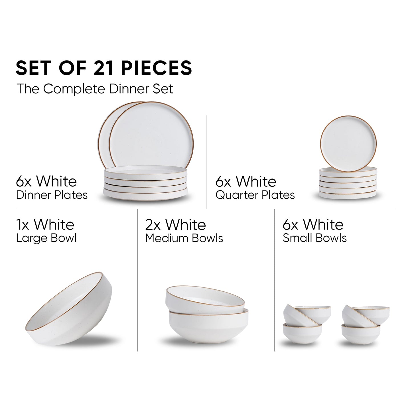 Ceramic Dinner Plates Set, 21 Pieces | Off White Japandi Series | Matte Finish