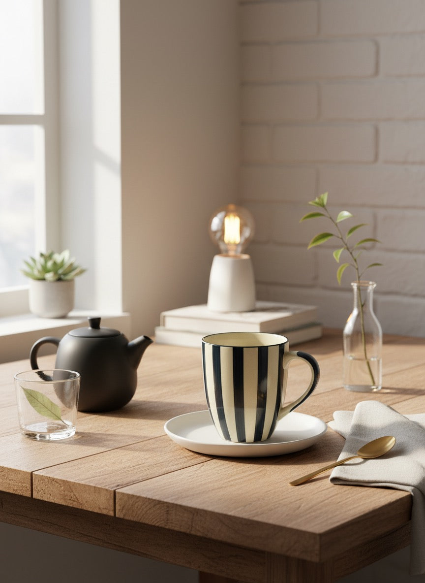 Striped Blue-White Ceramic Coffee Mug Set, 400ml | Set of 6