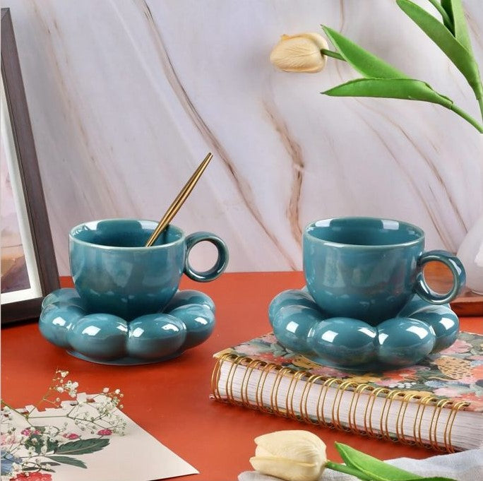 Cloud Ceramic Coffee Cup Saucer Set, Teal, 300ml