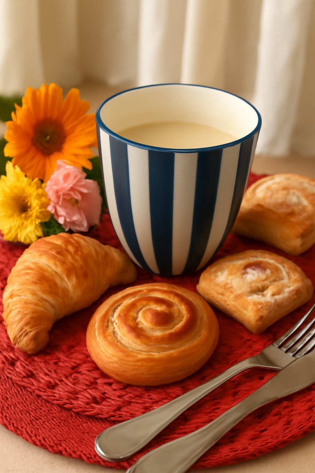 Striped Blue-White Ceramic Coffee Mug Set, 400ml | Set of 6