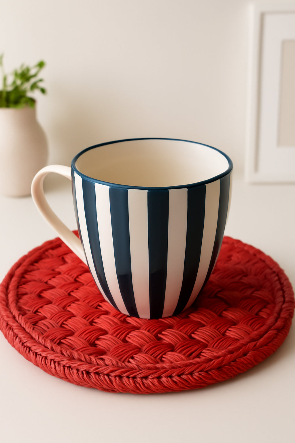 Striped Blue-White Ceramic Coffee Mug Set, 400ml | Set of 6
