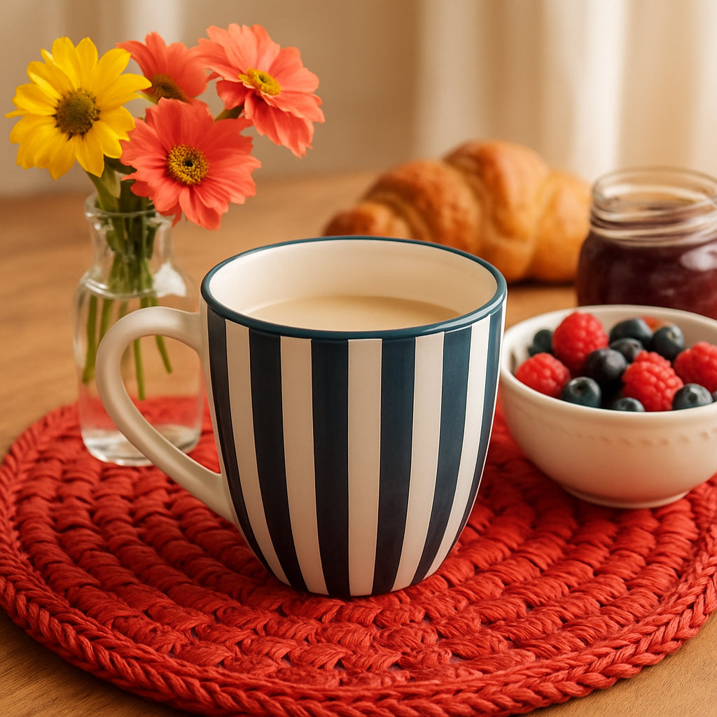 Striped Blue-White Ceramic Coffee Mug Set, 400ml | Set of 6
