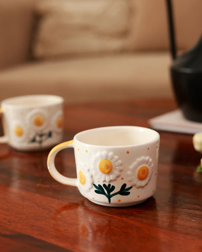 Ceramic Milk & Coffee Mug and Saucer - Sunflower , 300ml