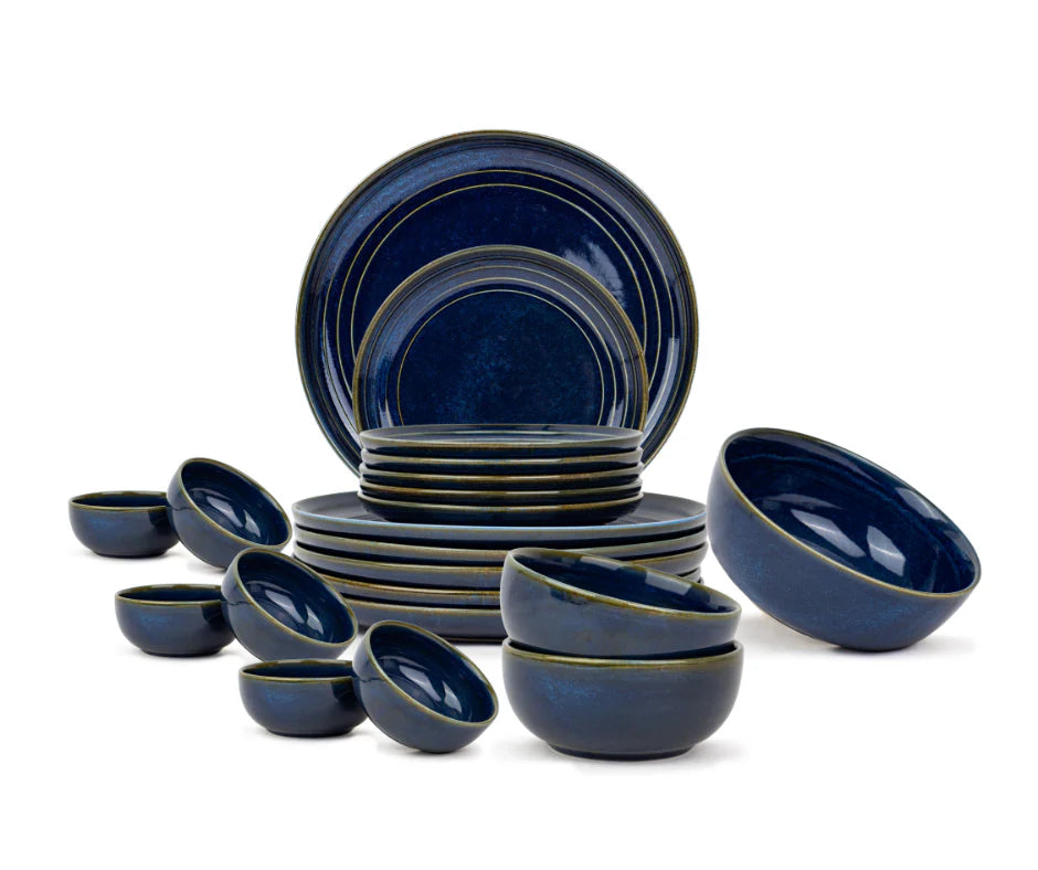 Ceramic Dinner Plates Set, 21 Pieces | Midnight - Dark Blue |  Glossy Finish