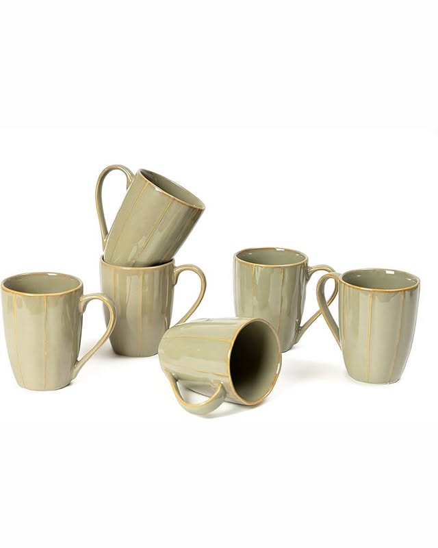 Glazed Green Ceramic Coffee Mug Set, 400ml | Set of 6