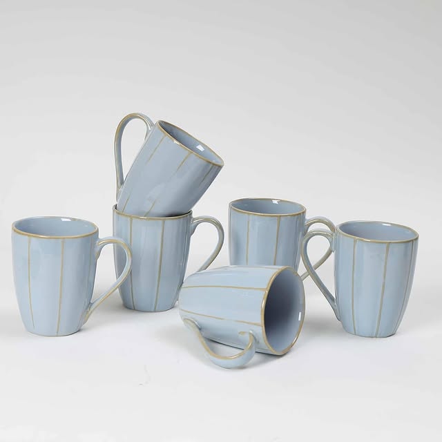 Pearl Blue Ceramic Coffee Mug Set, 400ml | Set of 6