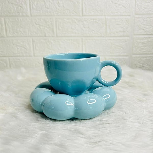 Cloud Ceramic Coffee Cup Saucer Set, Teal, 300ml