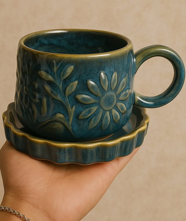 Ceramic Milk & Coffee Mug and Saucer, Blue Flower, 350ml