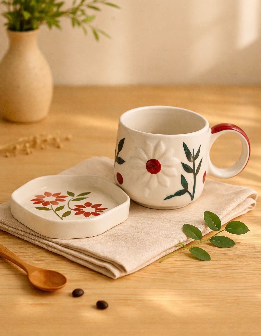 Large Ceramic Coffee Cup Saucer Set, Winter Flower, 400ml