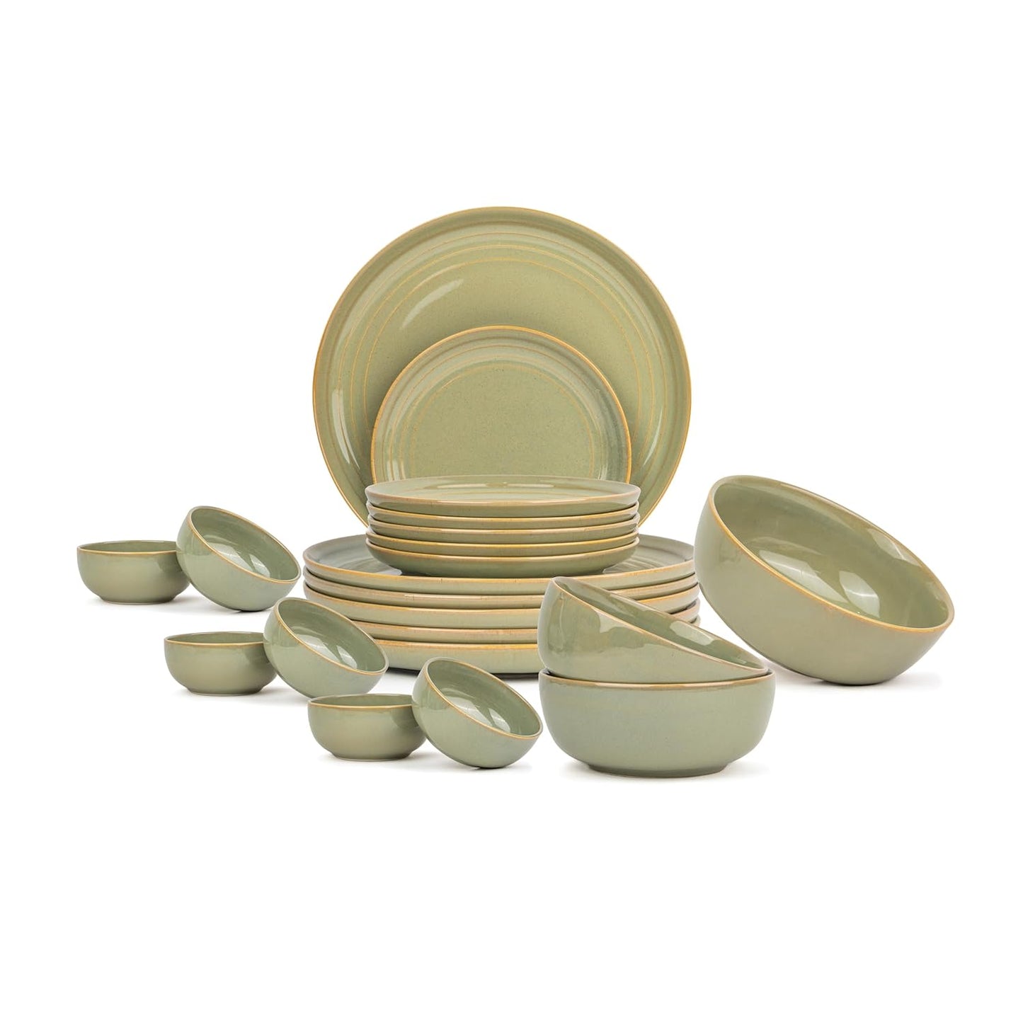 Ceramic Dinner Plates Set, 21 Pieces | Emerald - Olive Green