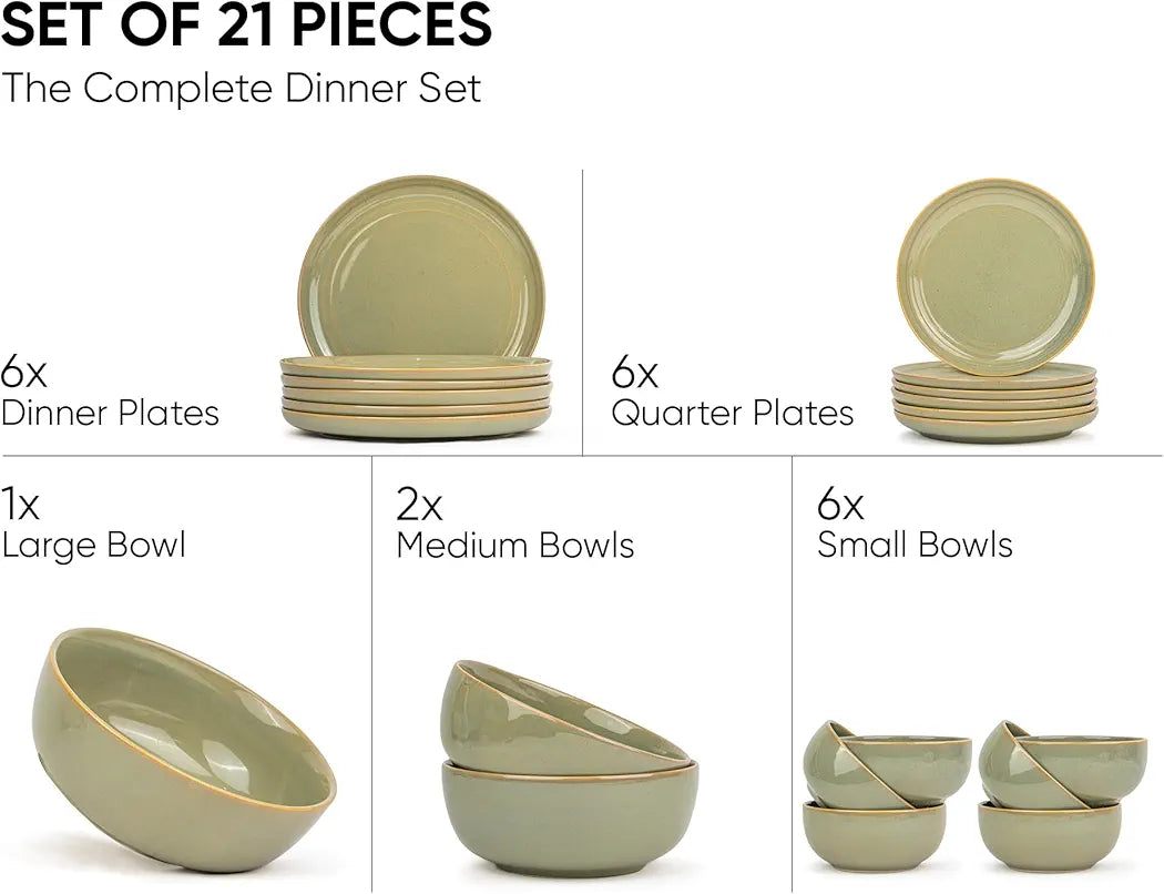 Ceramic Dinner Plates Set, 21 Pieces | Emerald - Olive Green