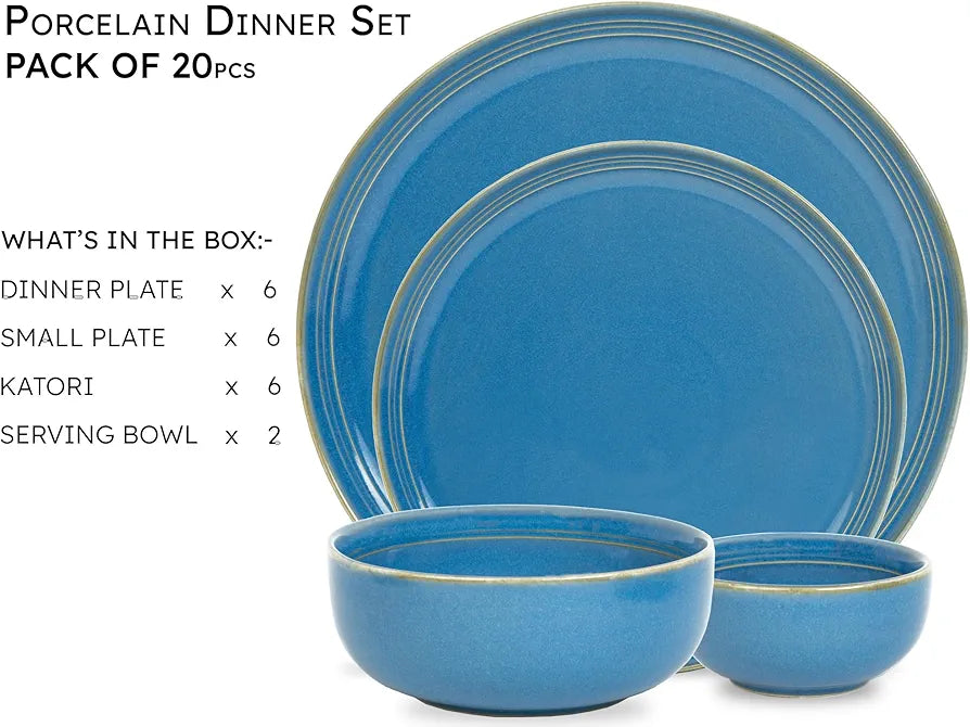 Ceramic Dinner Plates Set, 21 Pieces | Ocean - Sea Blue