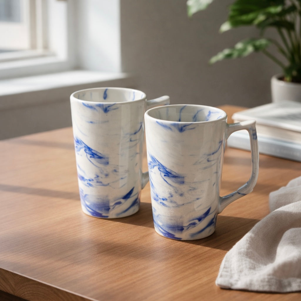 Set of 2 Rustic white base with blue veins ceramic cup