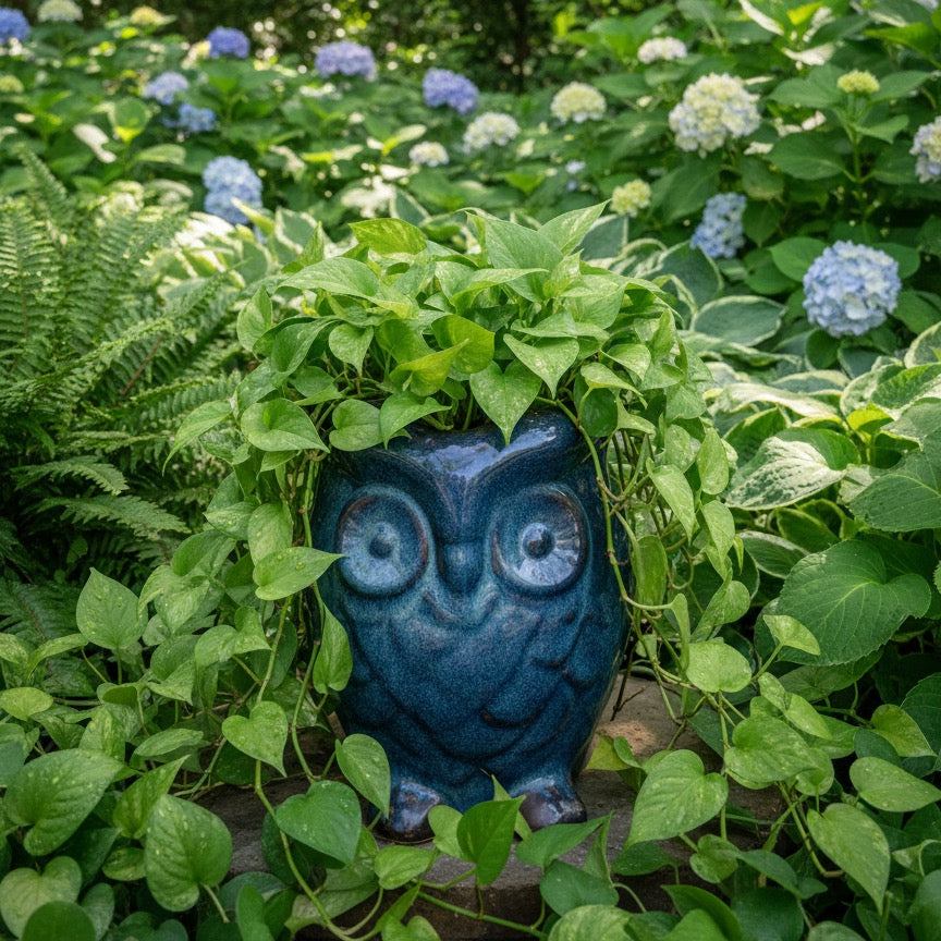 Close-up of glossy blue owl-shaped ceramic planter showing detailed eyes and lush green vines.