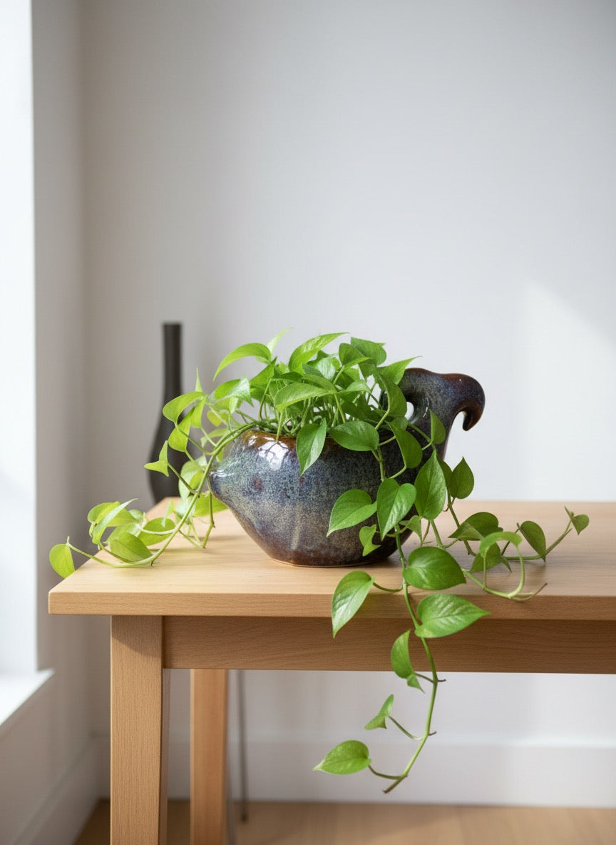 Unique fish-shaped ceramic planter with glossy blue and purple finish, suitable for home and garden decor.