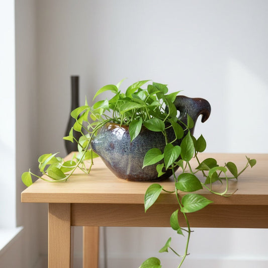 Unique fish-shaped ceramic planter with glossy blue and purple finish, suitable for home and garden decor.