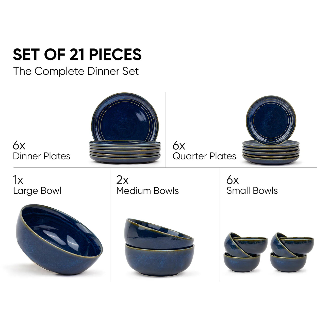 Ceramic Dinner Plates Set, 21 Pieces | Midnight - Dark Blue |  Glossy Finish