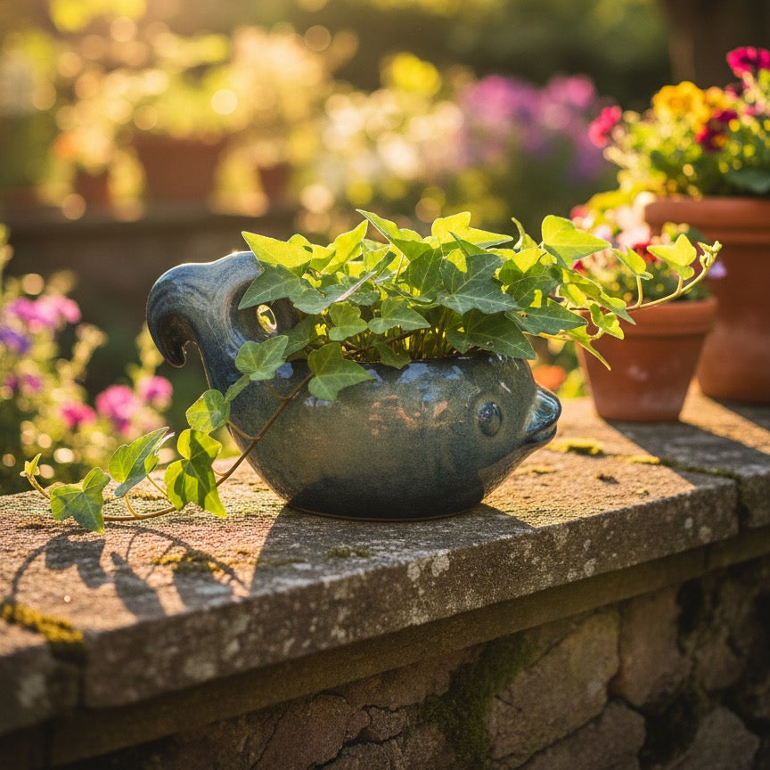Decorative ceramic fish-shaped planter in blue purple tones for home and garden decor.