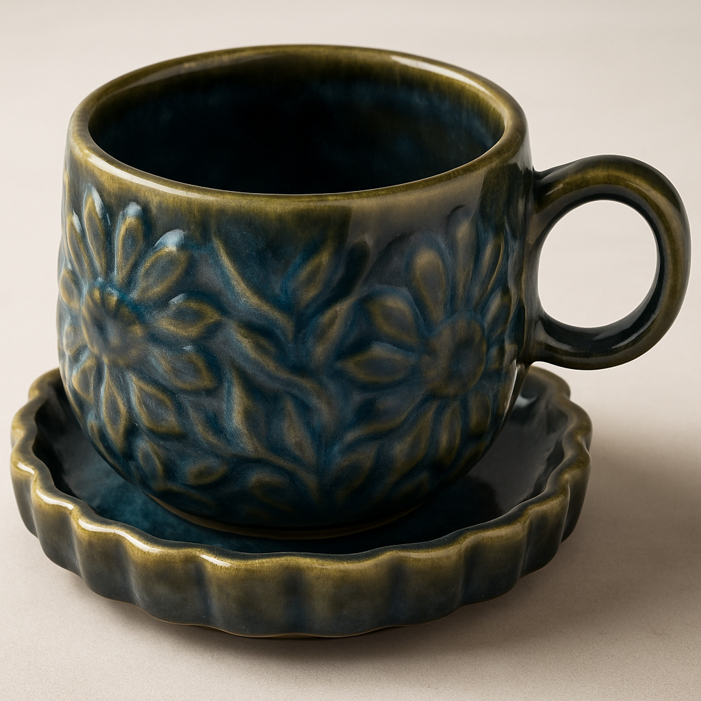 Ceramic Milk & Coffee Mug and Saucer, Blue Flower, 350ml