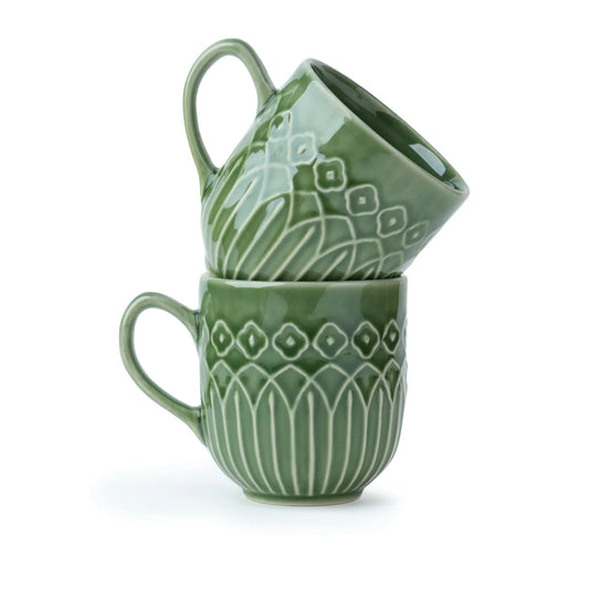 Ceramic Coffee Mug Set – Set of 2 | 330ml | Jade |Green Carving