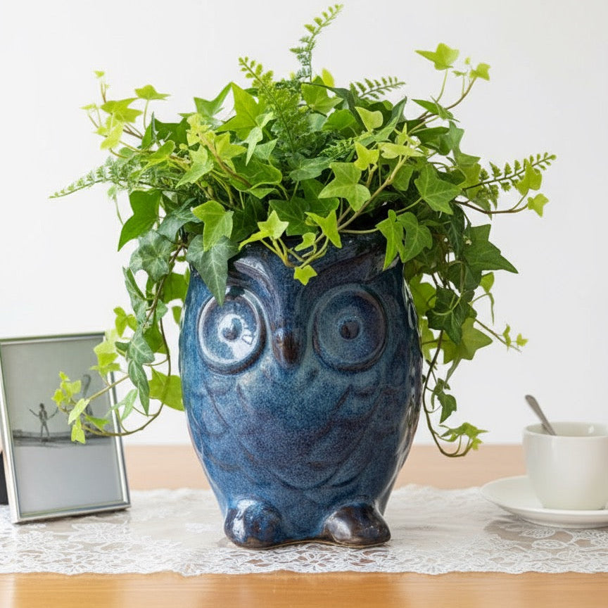 Handcrafted Reactive Blue Ceramic Owl Planter | Indoor & Outdoor