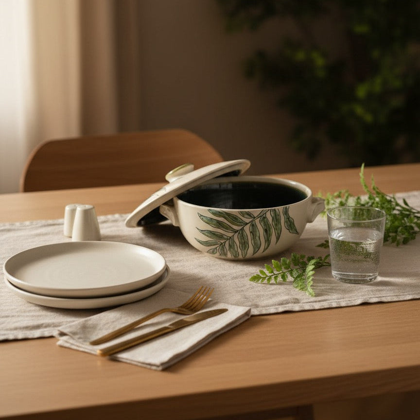 Close‑up of green leaf printed stoneware casserole used for serving hot food.