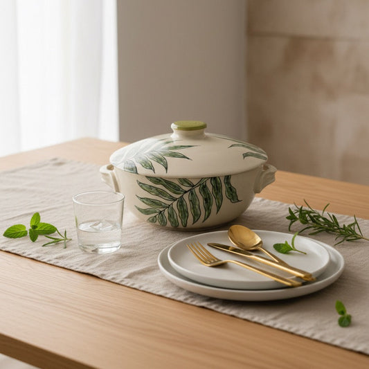 Open ceramic casserole showing dark glazed interior and hand‑painted leaf pattern on the outside