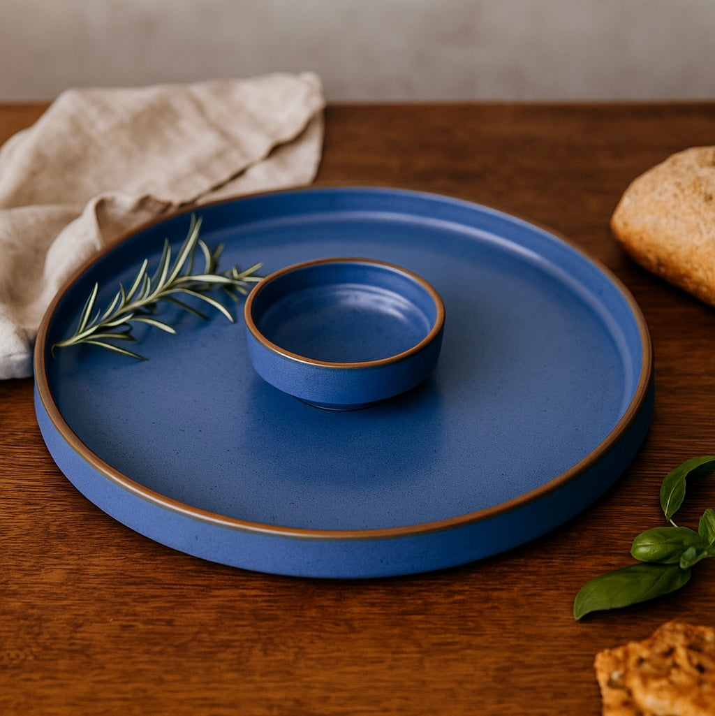 Large Round Ceramic Serving Platter, Blue – 1 Platter, 1 Dip | Aztec