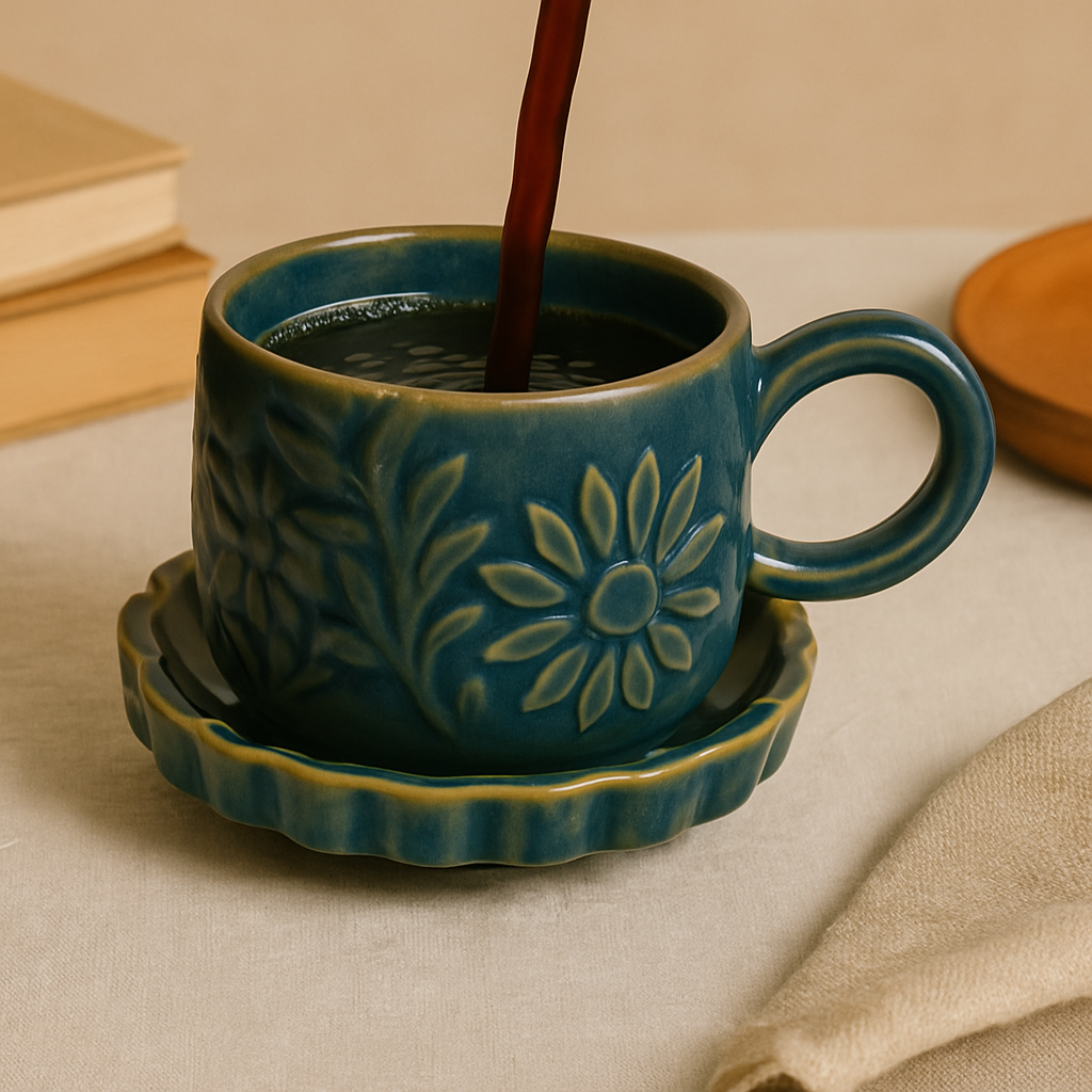 Ceramic Milk & Coffee Mug and Saucer, Blue Flower, 350ml