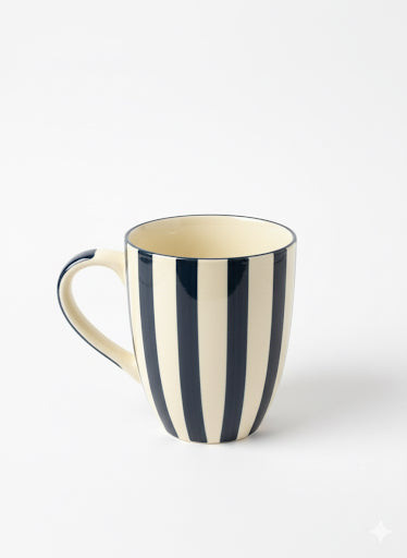 Striped Blue-White Ceramic Coffee Mug Set, 400ml | Set of 6
