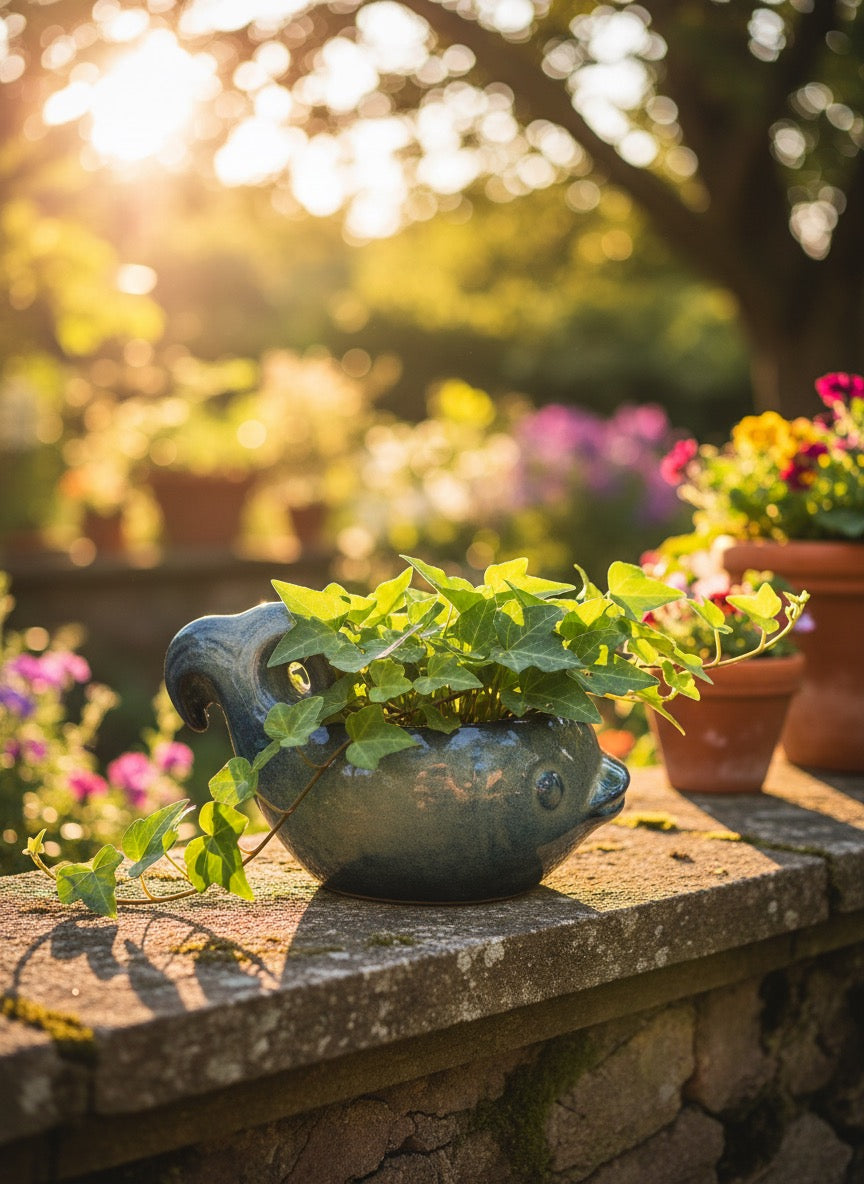 Reactive Blue & Purple Ceramic Fish Planter for Indoor & Outdoor | 19cm x 25.4cm Unique Plant Pot & Home Decor