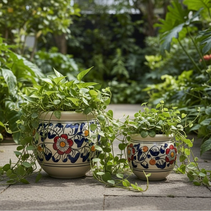 Set of 2 Hand Painted Floral Ceramic Planters – Indoor & Outdoor Decorative Pots, 22x19cm”
