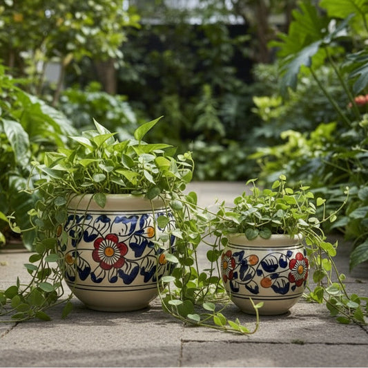 Set of 2 Hand Painted Floral Ceramic Planters – Indoor & Outdoor Decorative Pots, 22x19cm”