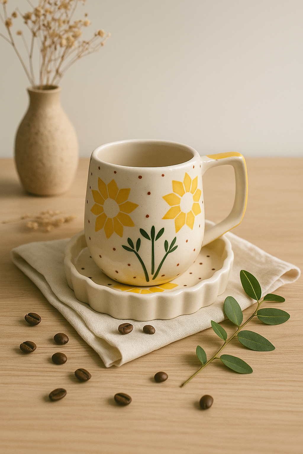 Large Ceramic Coffee Cup Saucer Set, Yellow Flower, 400ml