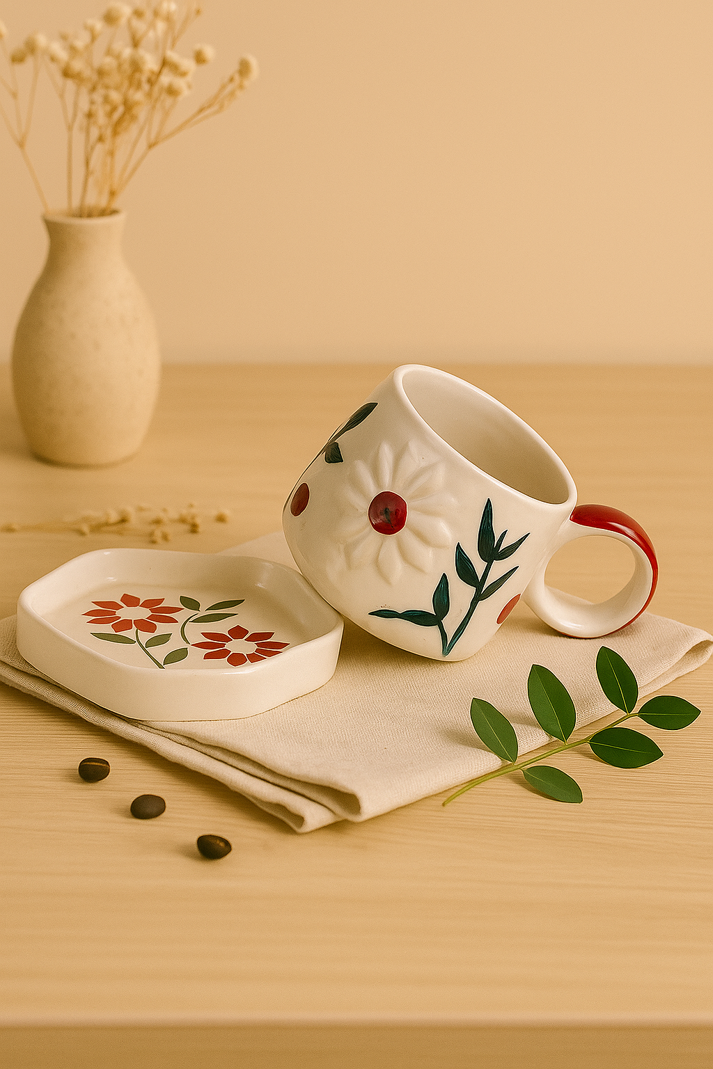 Large Ceramic Coffee Cup Saucer Set, Winter Flower, 400ml