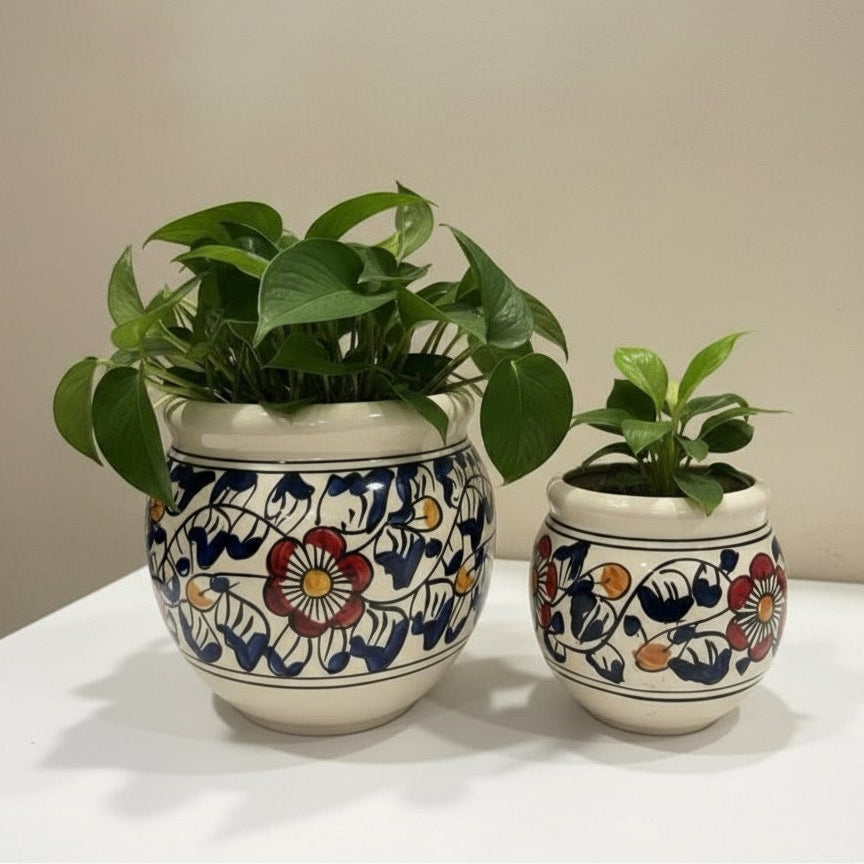 Traditional Indian-style floral ceramic pots for vibrant plant displays