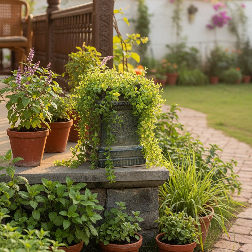 Embossed square blue green tulsi planter with glossy ceramic finish and fresh leaves.