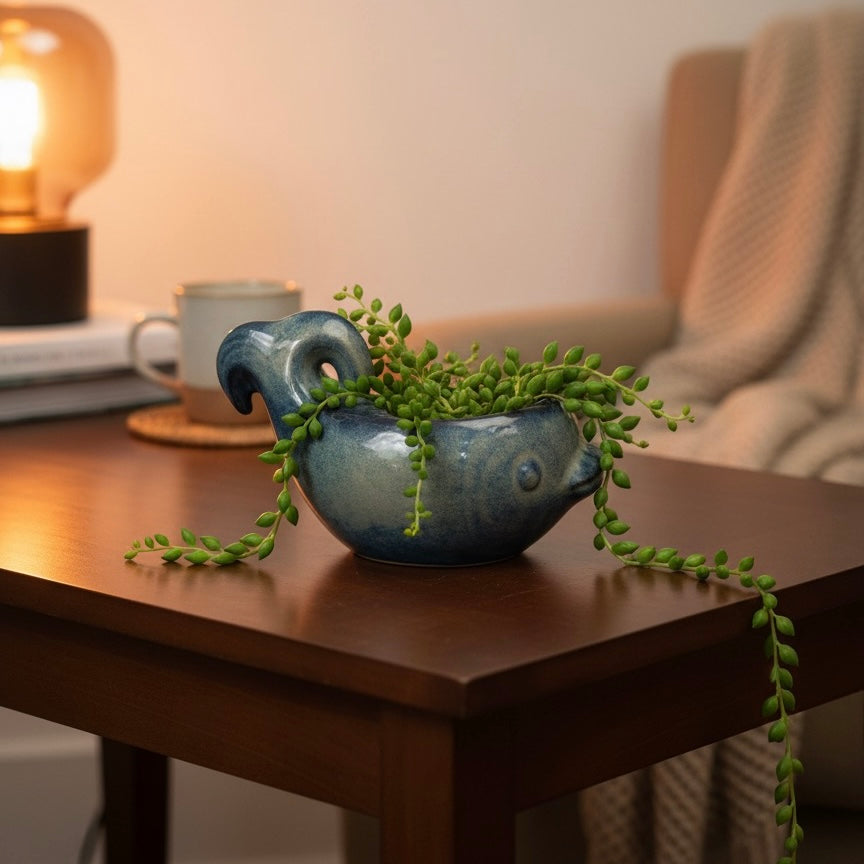 Decorative ceramic fish-shaped planter in blue purple tones for home and garden decor.