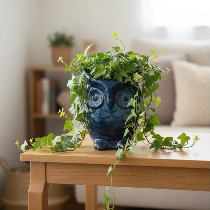 Reactive blue ceramic owl planter with trailing indoor ivy on a wooden table in a cozy living room.