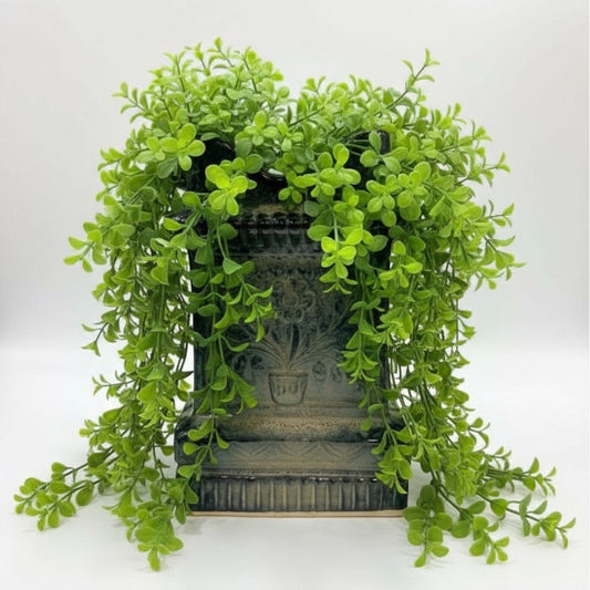 Blue and green ceramic tulsi planter with embossed floral design, 34.5cm tall, for home or garden.