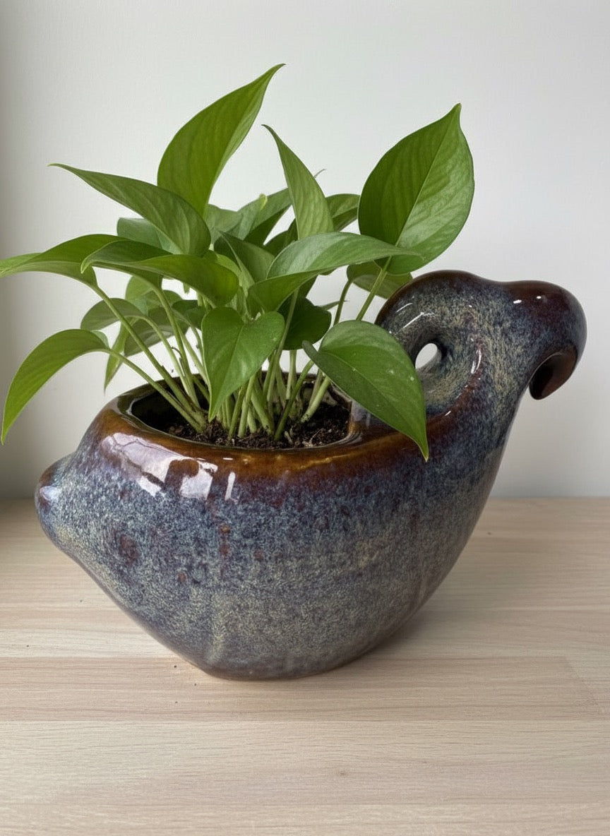 Reactive blue and purple ceramic fish planter for indoor and outdoor plants, 19cm height, 25.4cm width