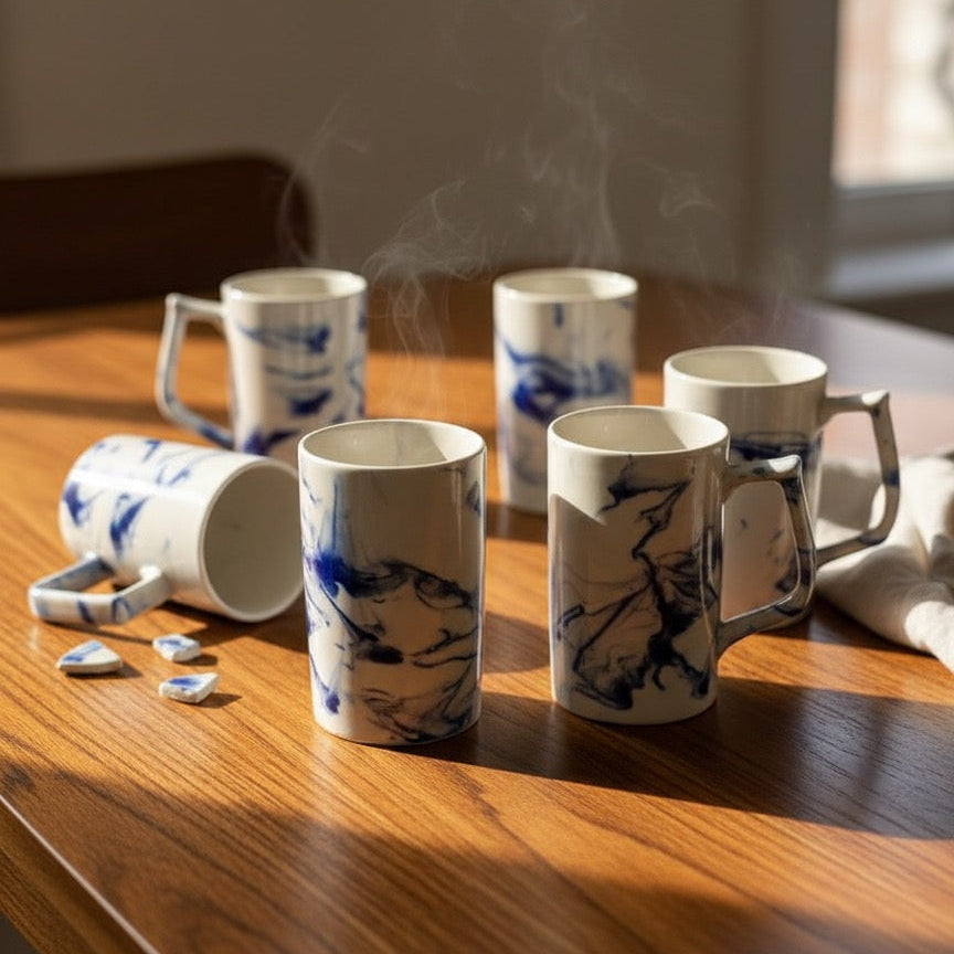 Set of 6 Elegant marbled ceramic coffee mug, 12oz capacity, modern farmhouse style.