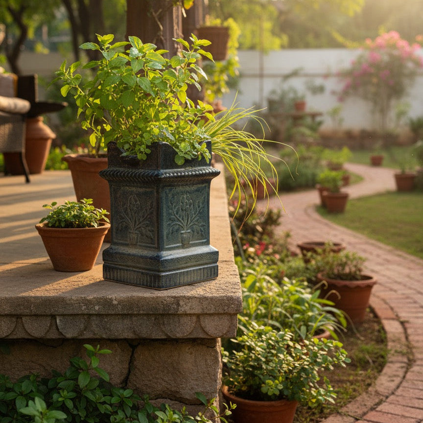 Decorative blue green ceramic tulsi pot with traditional motif and vibrant greenery.