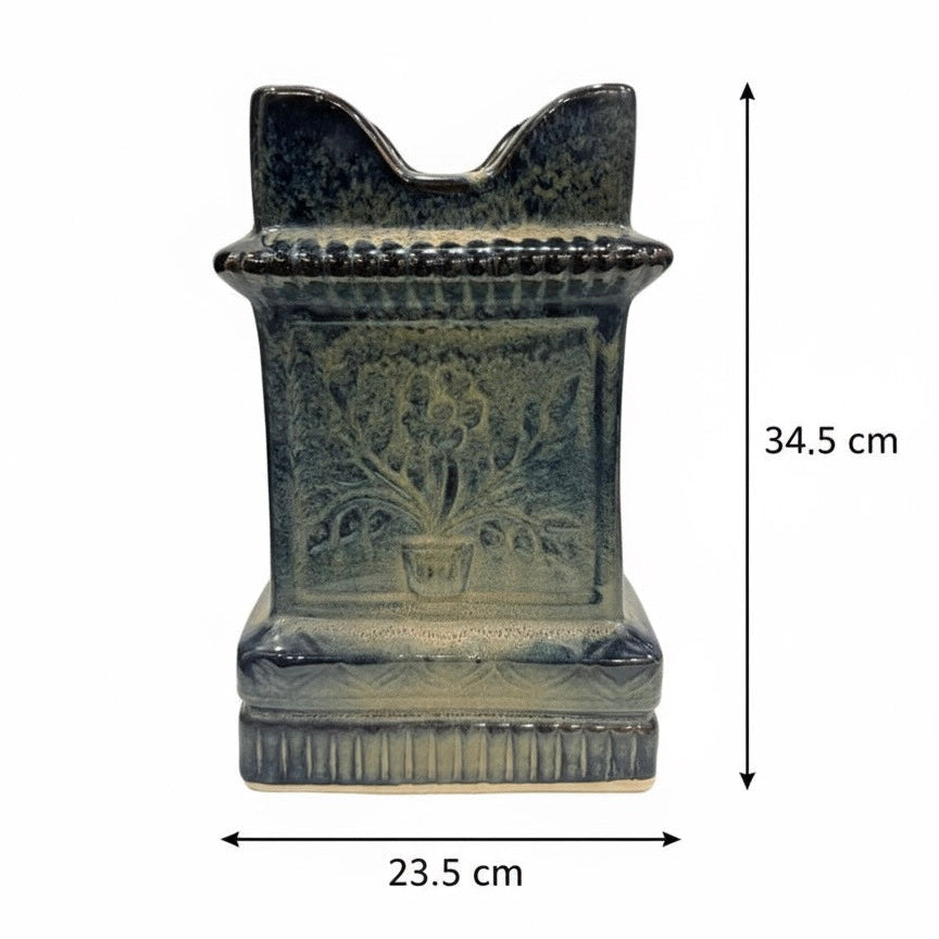 Traditional Indian ceramic tulsi pot, reactive glaze finish, suitable for indoor and outdoor plants.