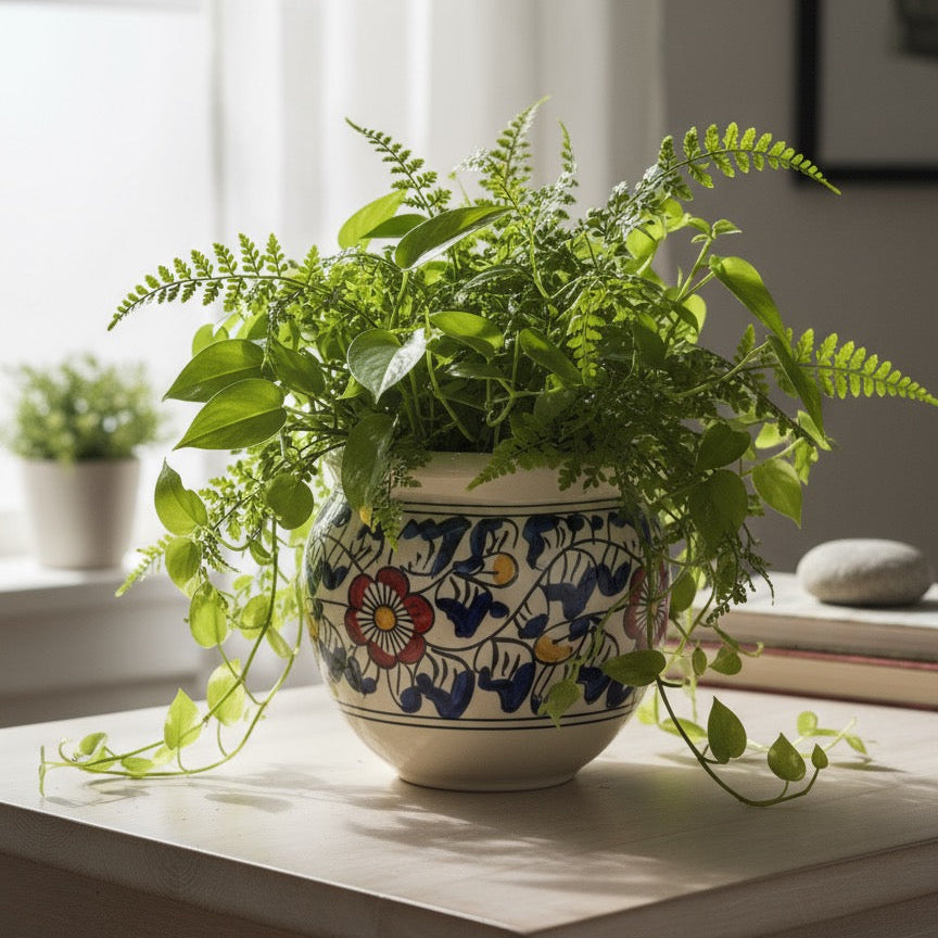 Hand painted ceramic planter set with floral design for indoor and outdoor use.