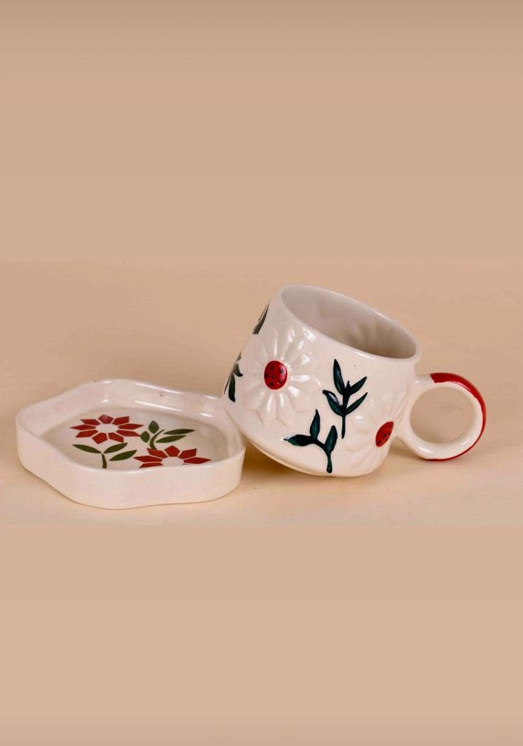 Large Ceramic Coffee Cup Saucer Set, Winter Flower, 400ml