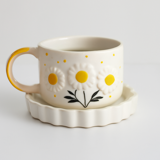 Ceramic Milk & Coffee Mug and Saucer - Sunflower , 300ml